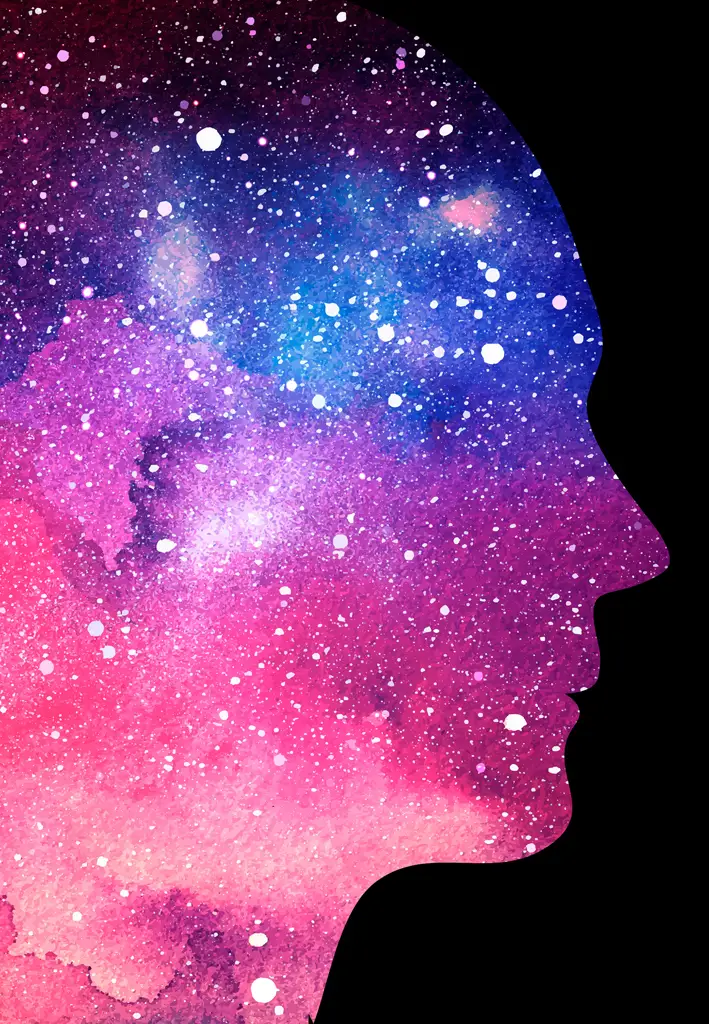 outline of a persons head made up of stars and the universe