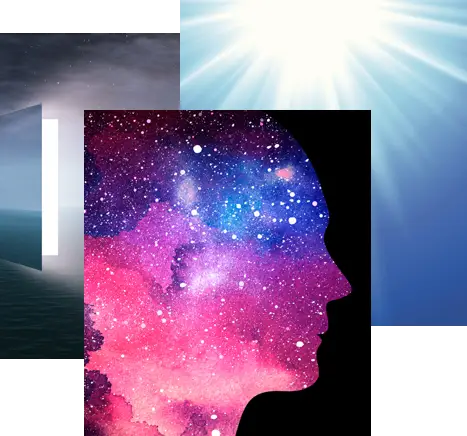 three spiritual images. an opening door showing the light through. an outline of a persons head with pink, blue and purple colours surrounding and a light exploding from the sky